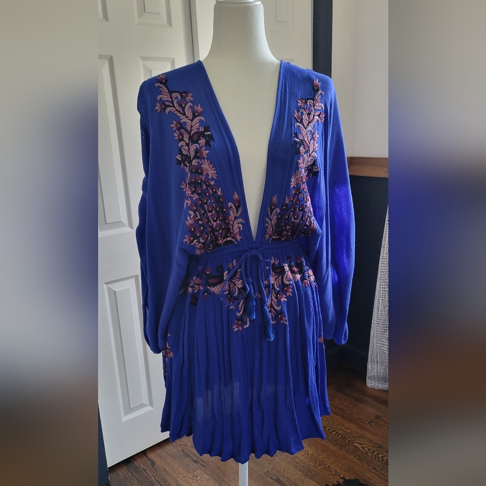 Free People Pretty Pineapple Floral Embroidered Blue Mini Dress, Women's Small